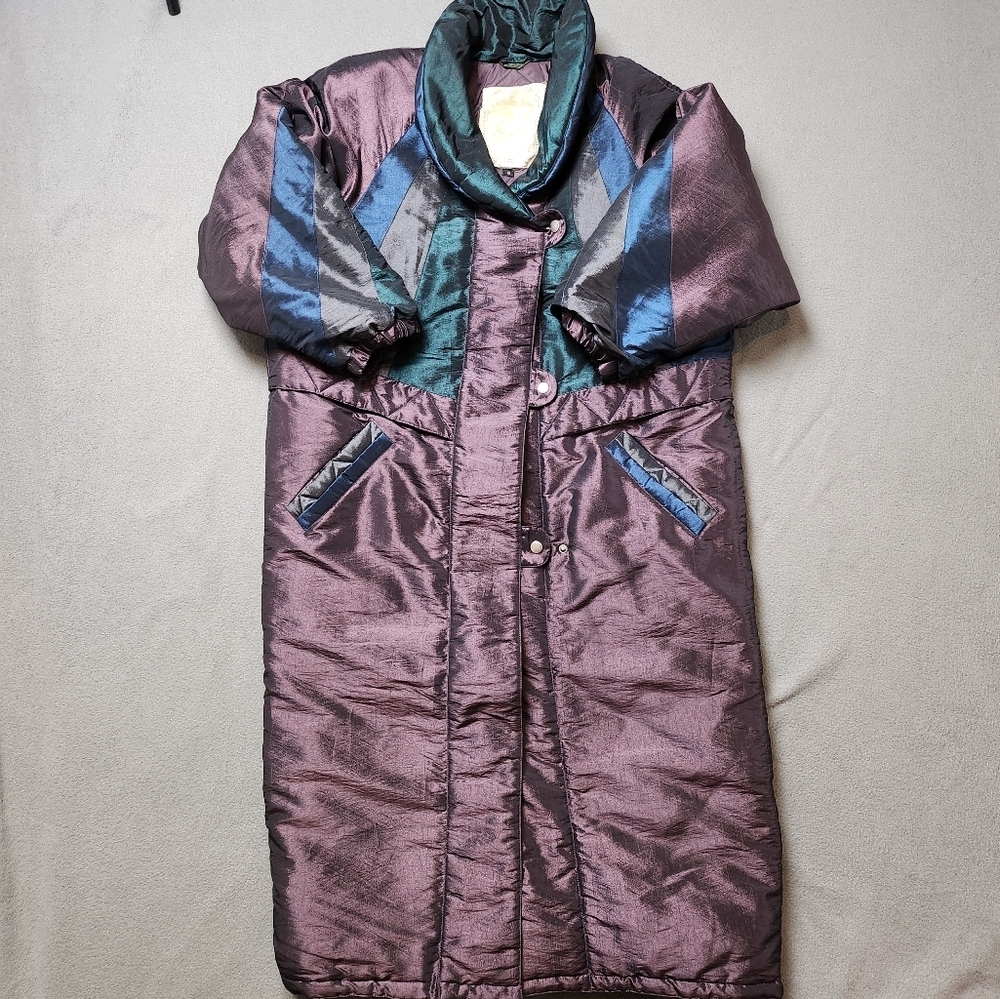 Long women vintage 80s 90s Long Puffer Jacket shiny colorblock Winter Coat